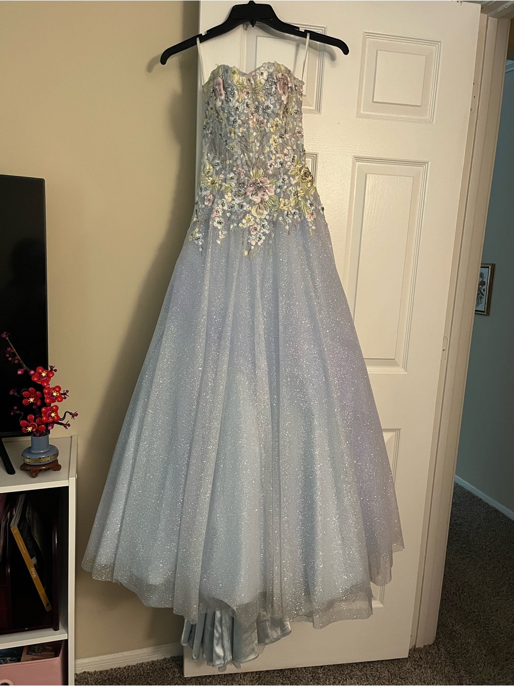 Jovani Light Blue Sparkle Ball Gown with Floral Appliqué - Picture 6 of 9